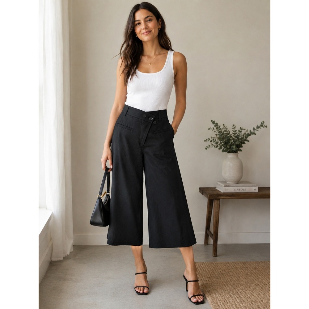 COS Wide Leg Culottes Women 4 Black Linen Blend Crop Pants
